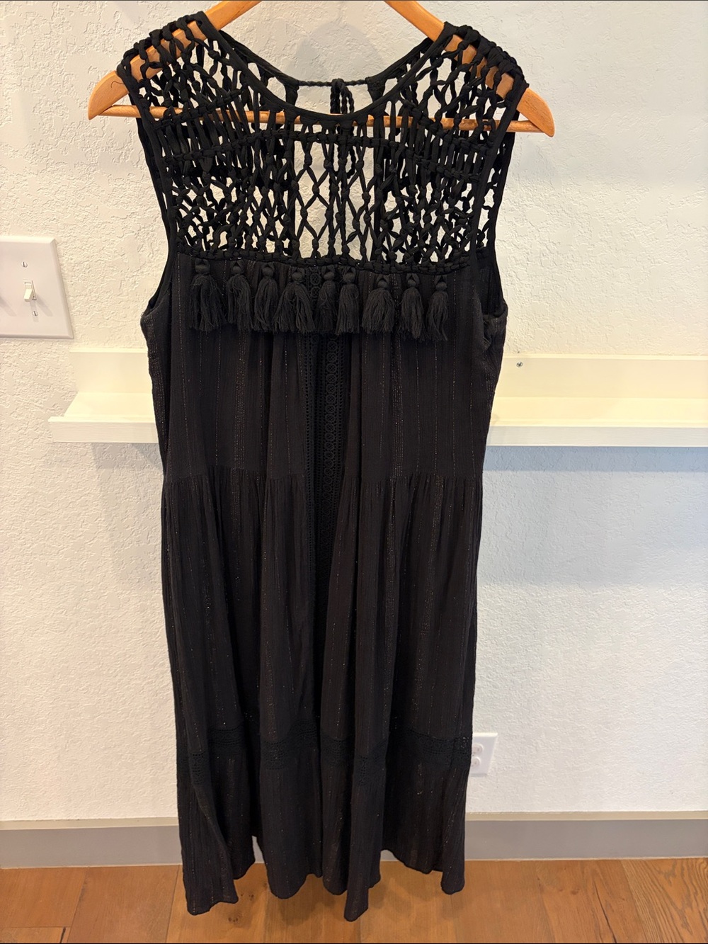 Like New  Maeve Black Maxi Dress with Crochet Yoke and Tassels Small 8-10